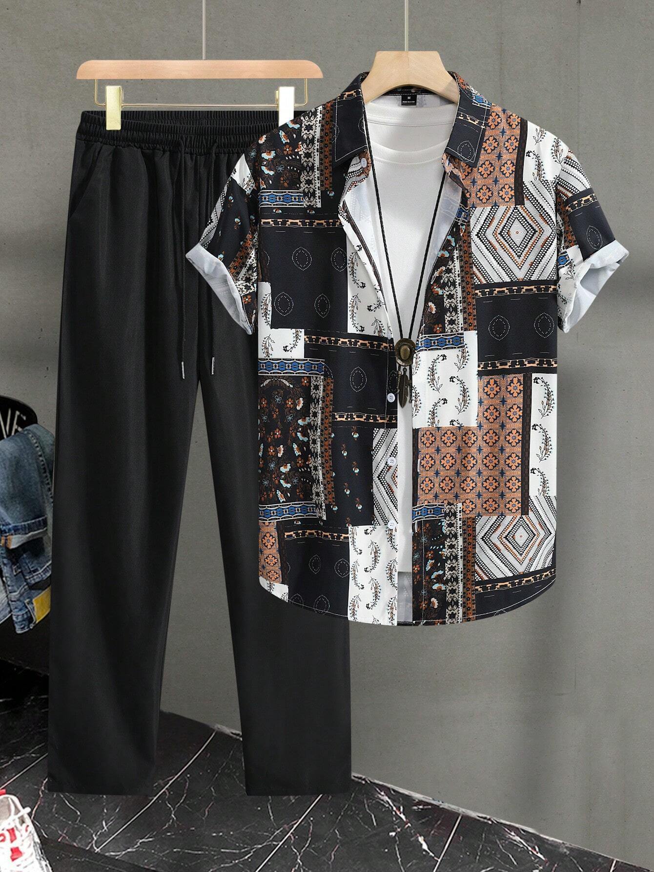 Casual Ethnic Style Short Sleeve Shirt Trousers Suit.