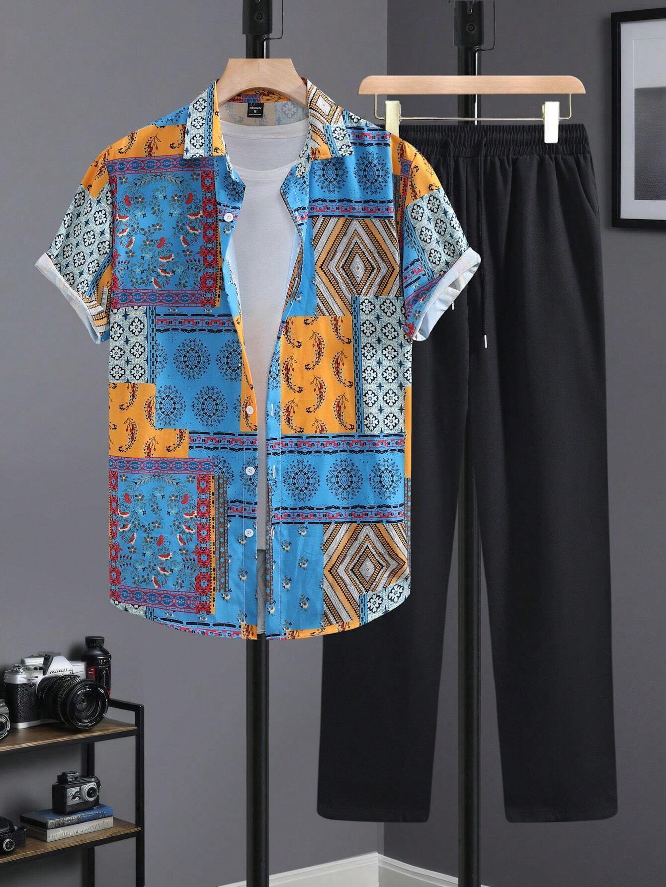 Casual Ethnic Style Short Sleeve Shirt Trousers Suit.