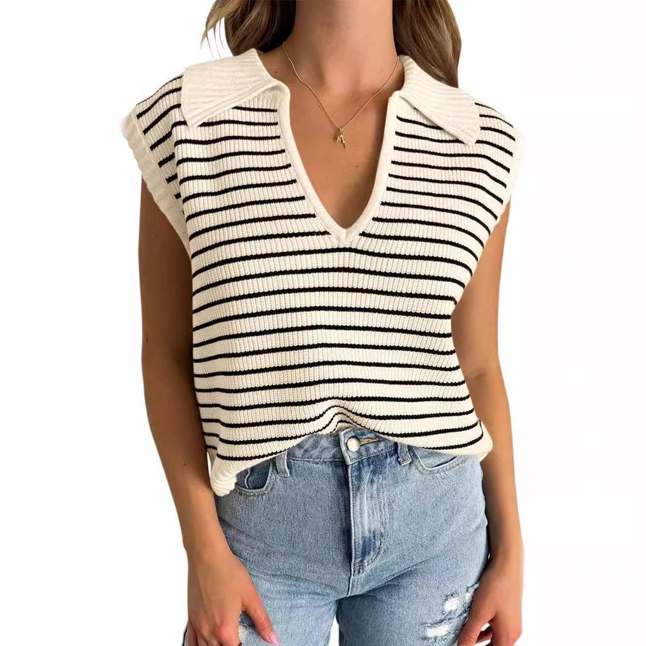 Spring And Summer New V-neck Basic Knitted Short Sleeve Casual All-matching Tops