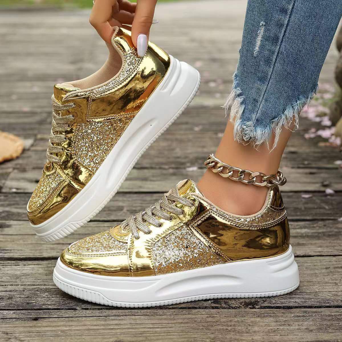 Fashion Lace-up Flat Shoes With Sequin Design Casual Sports Thick Bottom Round Toe Shoes For Women Non-slip Walking Sneakers