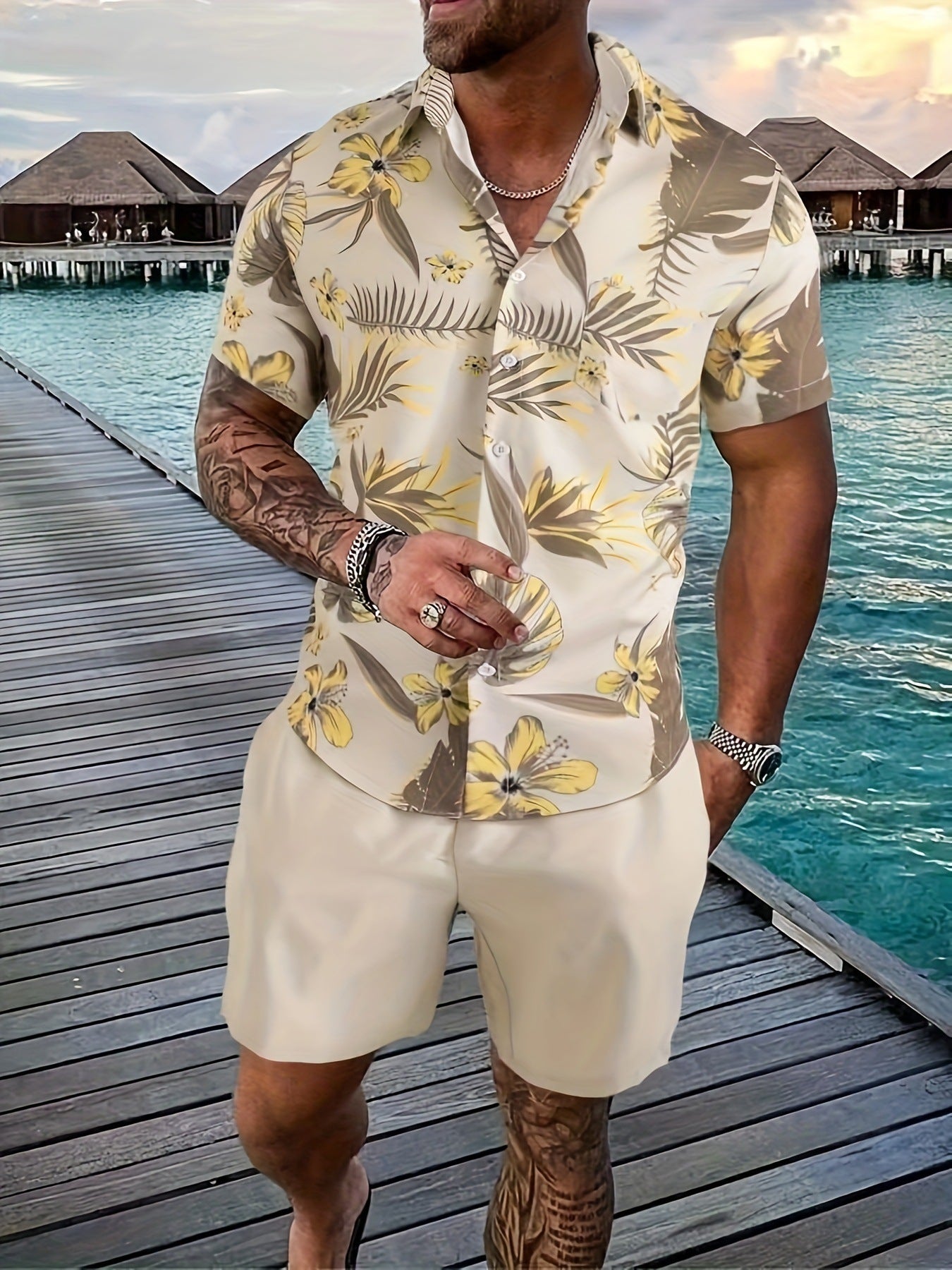 Coconut Tree 3d Printed Short Sleeve Shorts Suit.