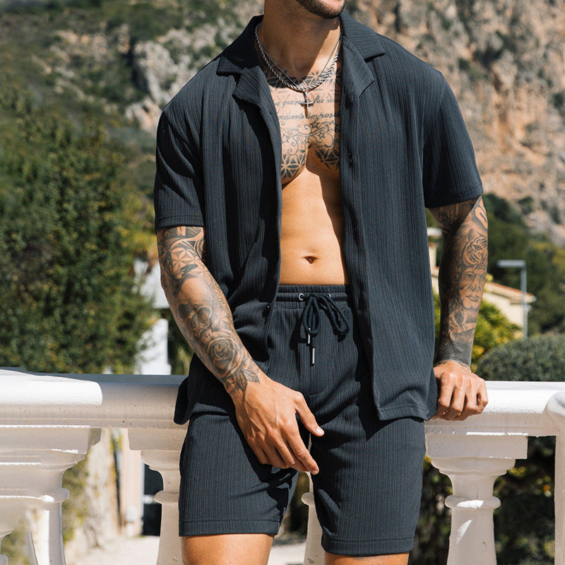 Men's Solid Color Casual Lapel Short Sleeve Shirt Shorts Suit.