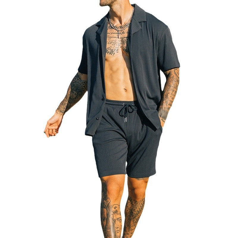 Men's Solid Color Casual Lapel Short Sleeve Shirt Shorts Suit.