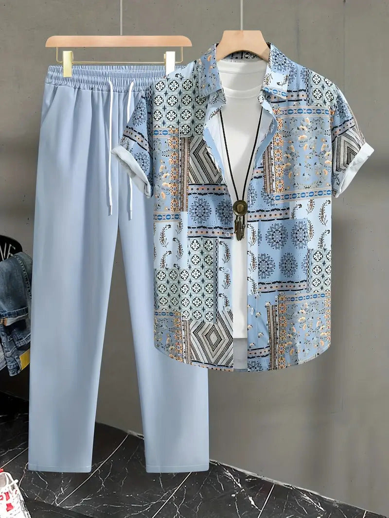 Casual Ethnic Style Short Sleeve Shirt Trousers Suit.