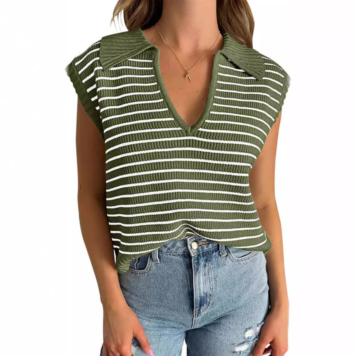 Spring And Summer New V-neck Basic Knitted Short Sleeve Casual All-matching Tops