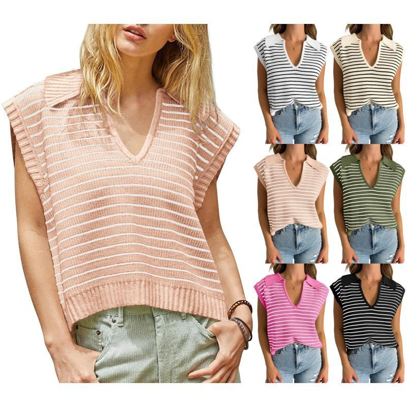 Spring And Summer New V-neck Basic Knitted Short Sleeve Casual All-matching Tops