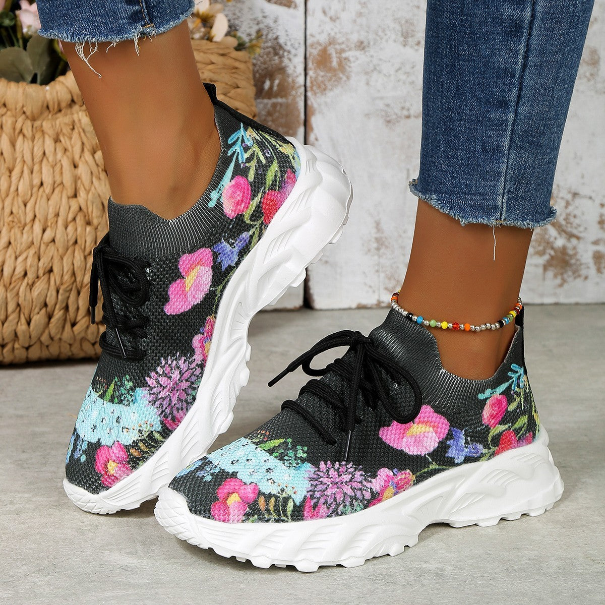 Women's Sports Shoes Flowers Print Walking Sneakers Casual Breathable Lace-up Mesh Shoes