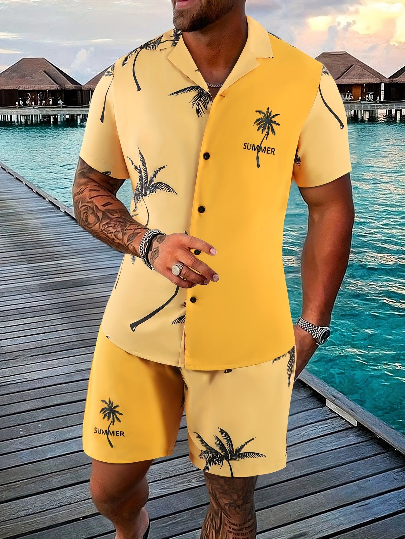 Coconut Tree 3d Printed Short Sleeve Shorts Suit.