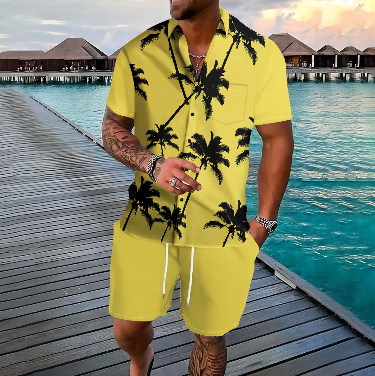 Coconut Tree 3d Printed Short Sleeve Shorts Suit.