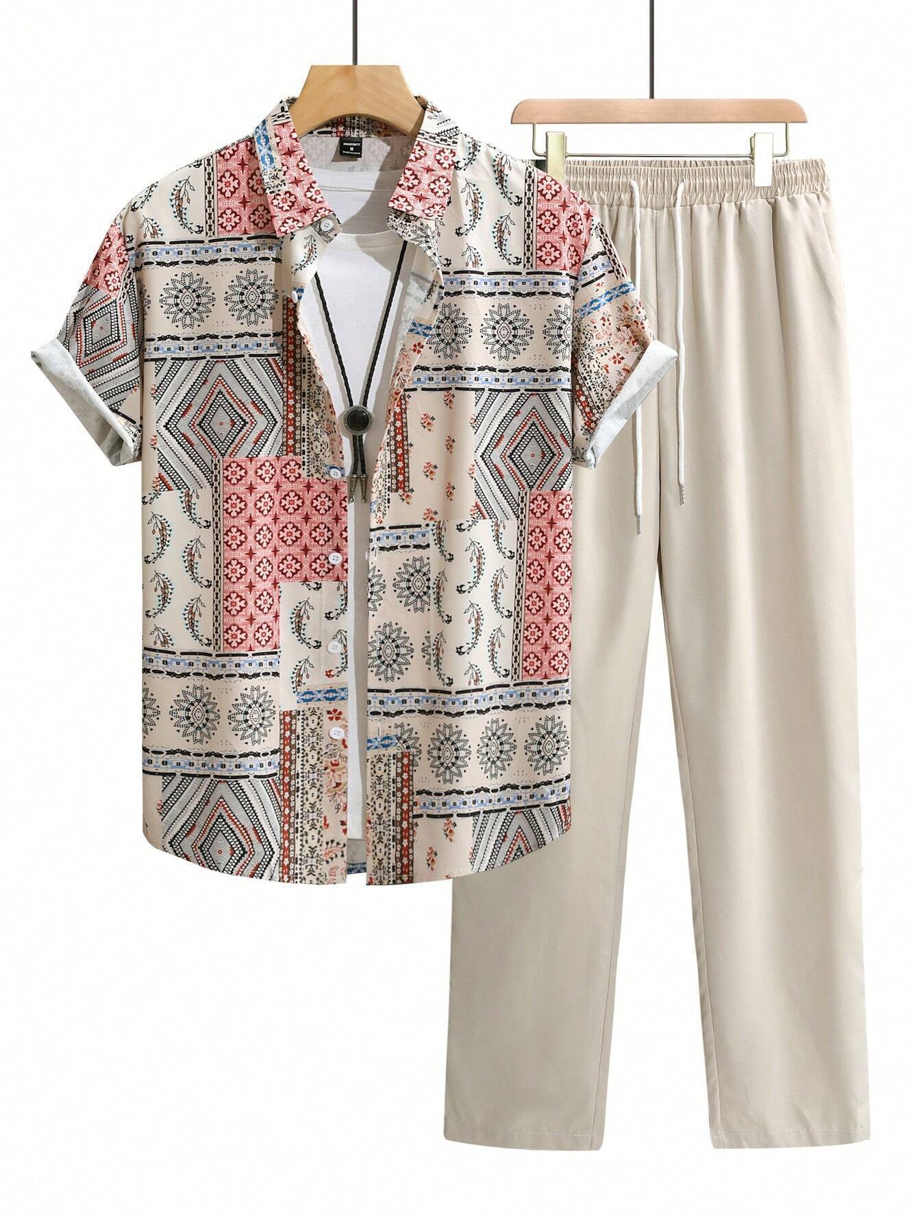 Casual Ethnic Style Short Sleeve Shirt Trousers Suit.