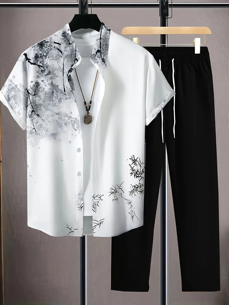 Color Gradient Plant Short Sleeve Shirt Trousers Suit.