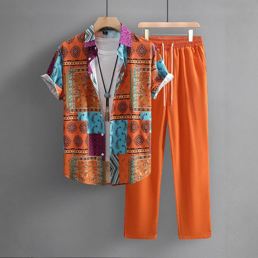 Casual Ethnic Style Short Sleeve Shirt Trousers Suit.