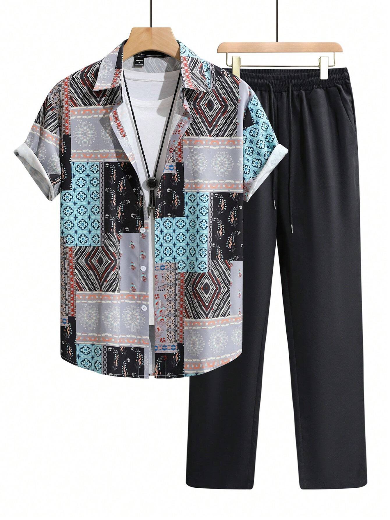 Casual Ethnic Style Short Sleeve Shirt Trousers Suit.