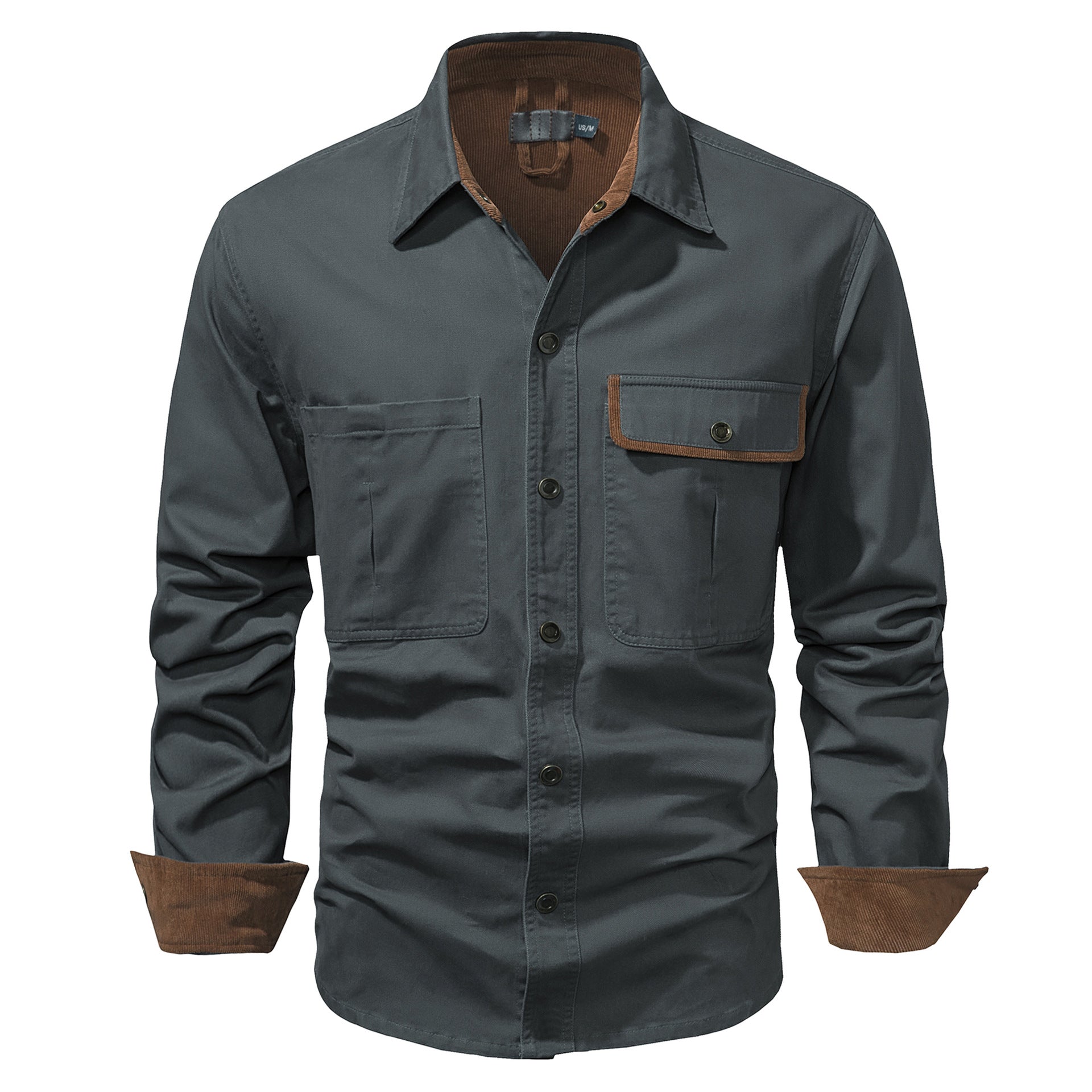 Washed Cotton Plus Size Solid Color Polo Collar Men's Long Sleeve Shirt.