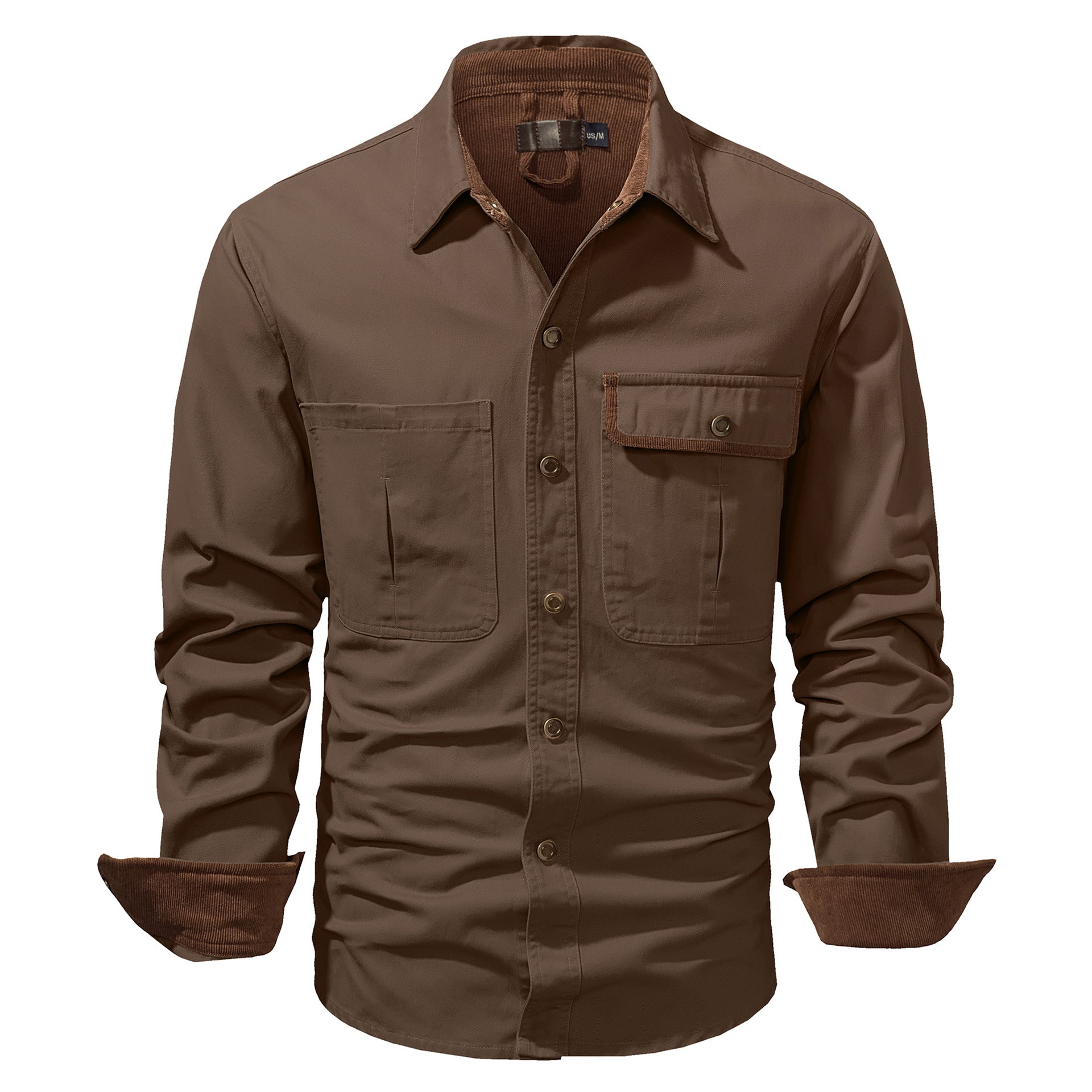 Washed Cotton Plus Size Solid Color Polo Collar Men's Long Sleeve Shirt.