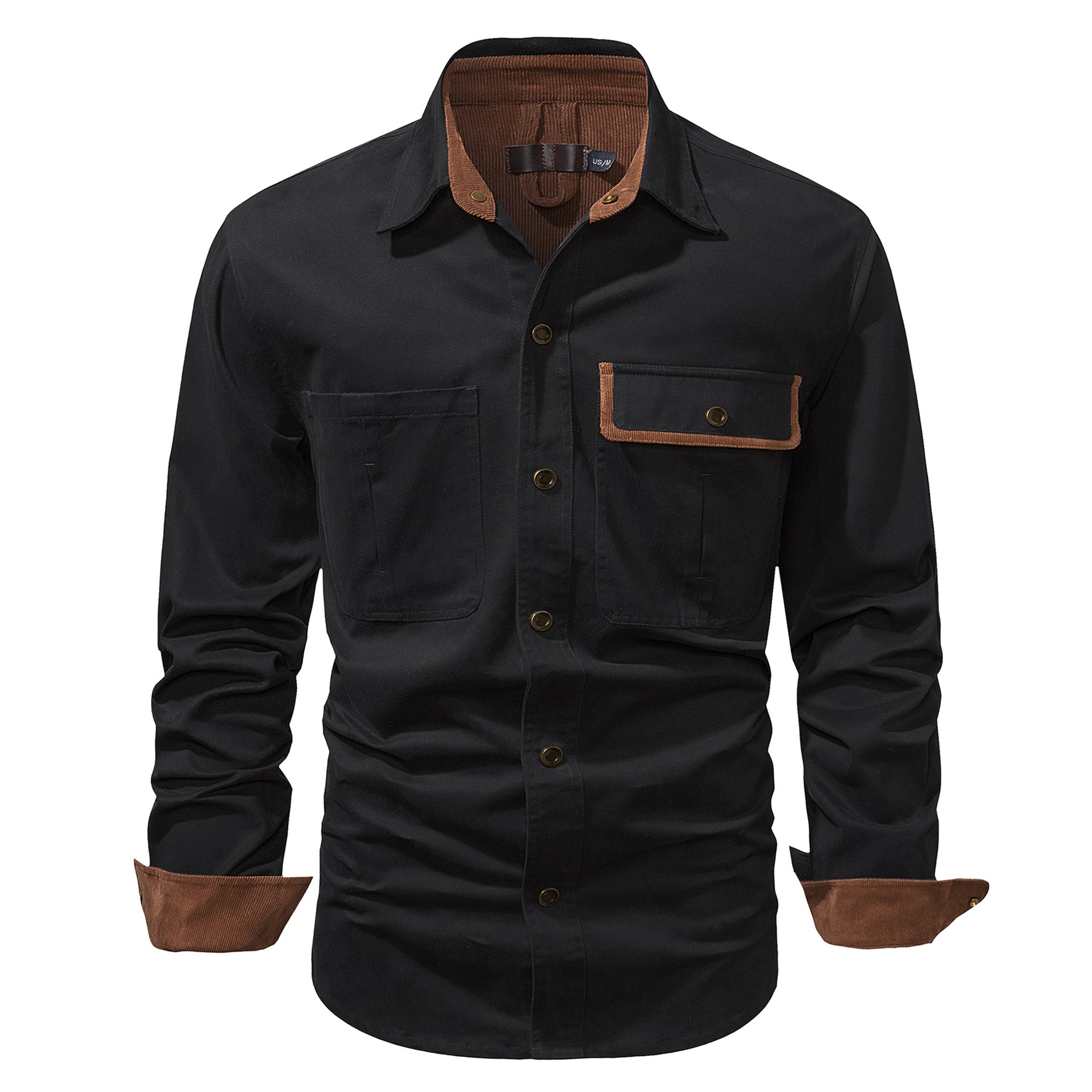 Washed Cotton Plus Size Solid Color Polo Collar Men's Long Sleeve Shirt.