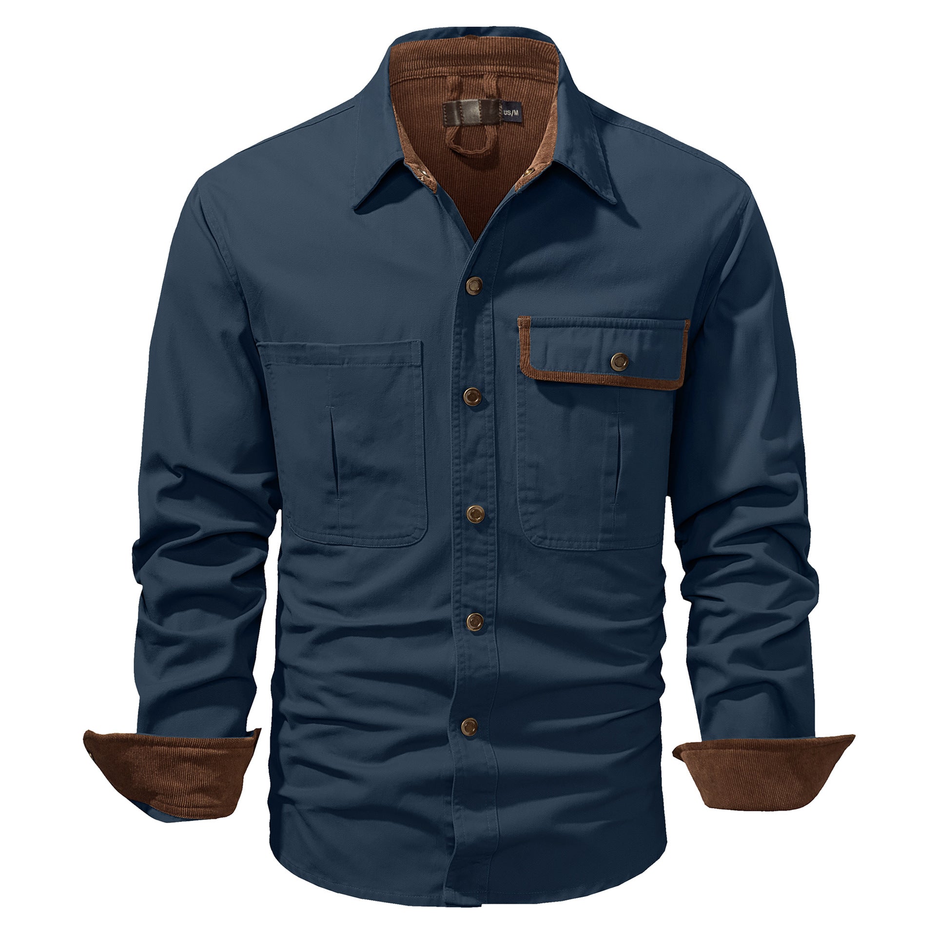 Washed Cotton Plus Size Solid Color Polo Collar Men's Long Sleeve Shirt.