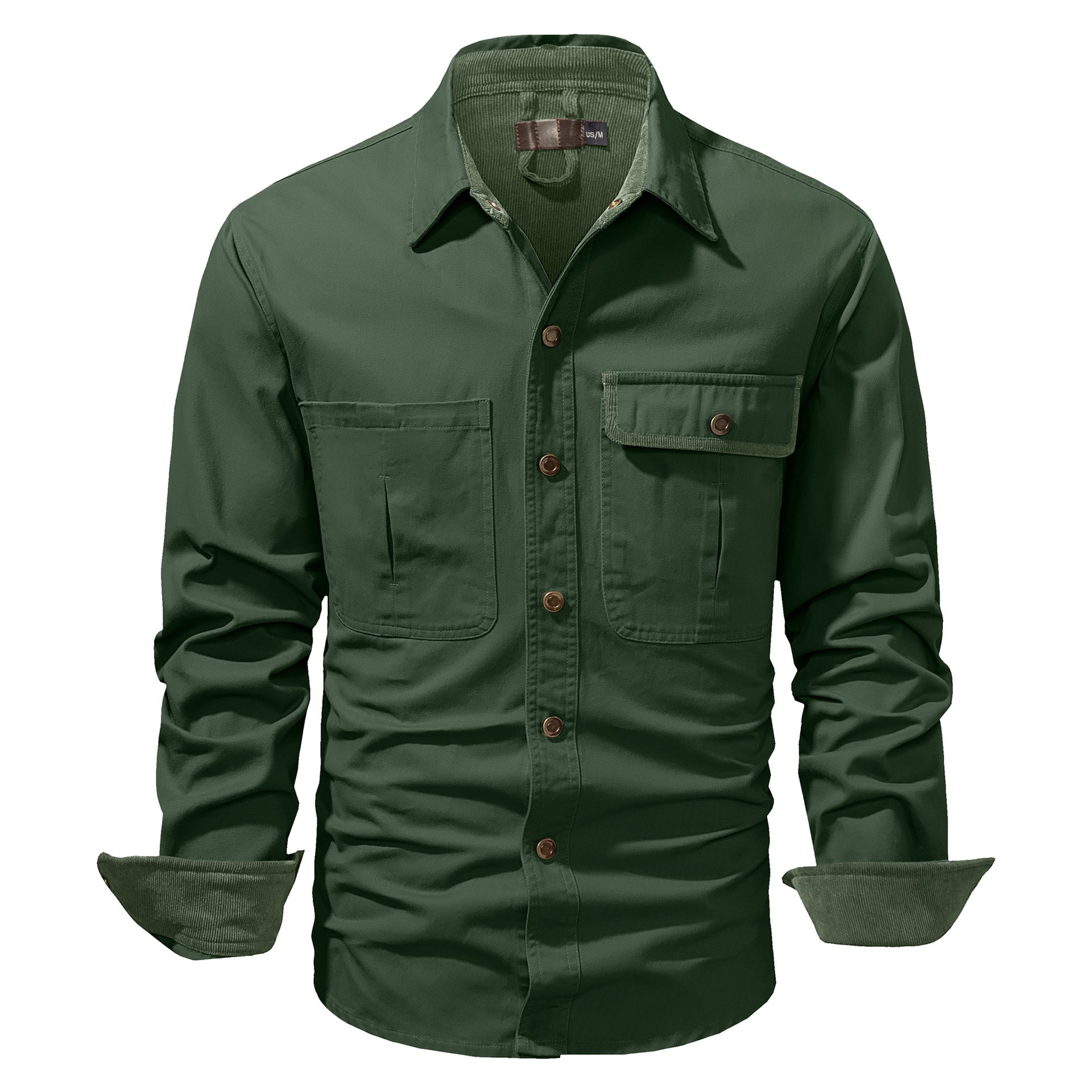 Washed Cotton Plus Size Solid Color Polo Collar Men's Long Sleeve Shirt.