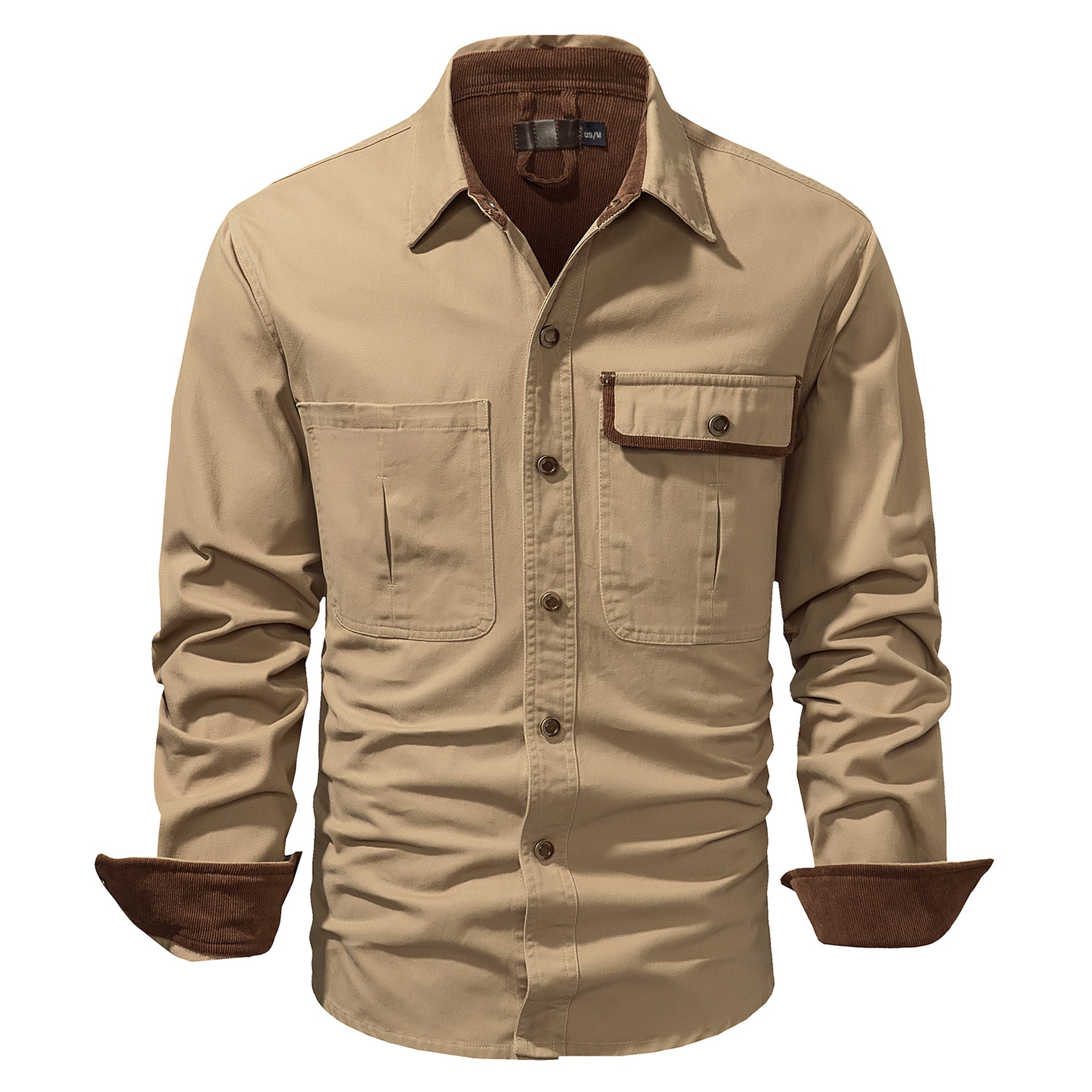 Washed Cotton Plus Size Solid Color Polo Collar Men's Long Sleeve Shirt.