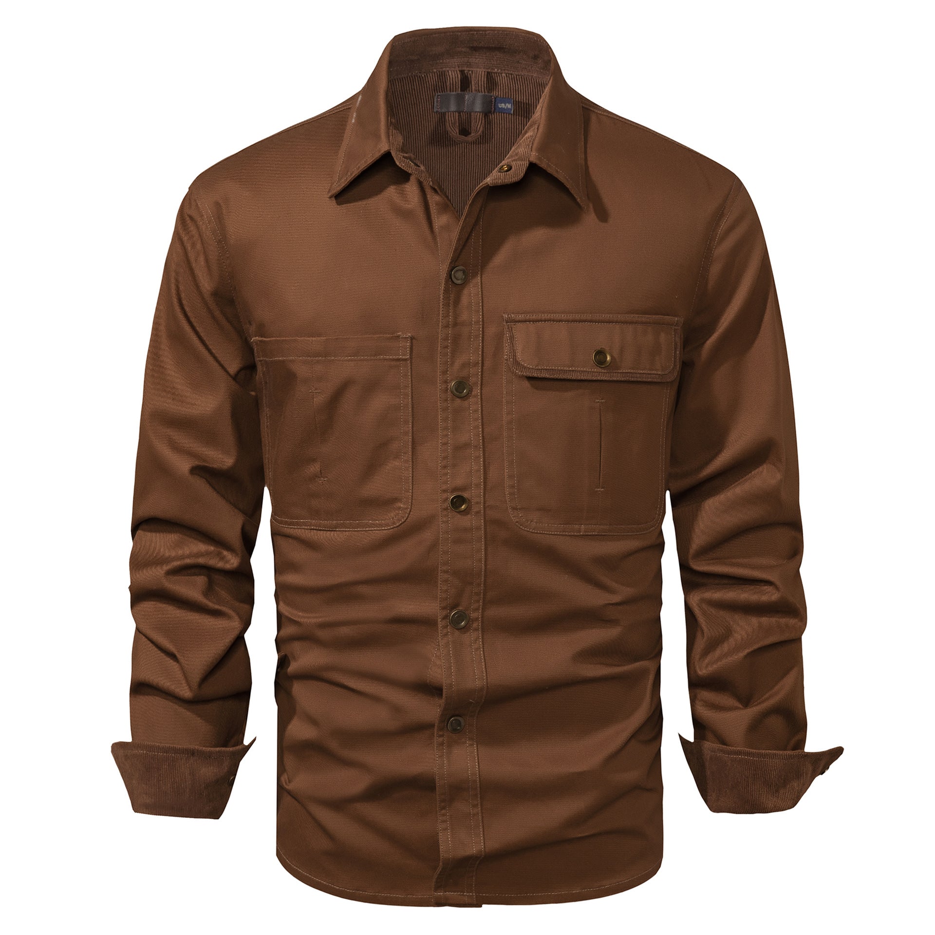 Washed Cotton Plus Size Solid Color Polo Collar Men's Long Sleeve Shirt.