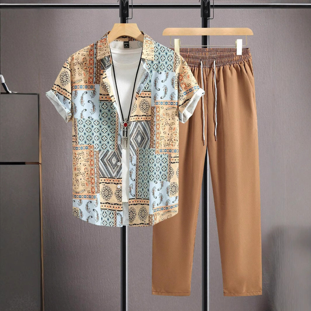 Casual Ethnic Style Short Sleeve Shirt Trousers Suit.