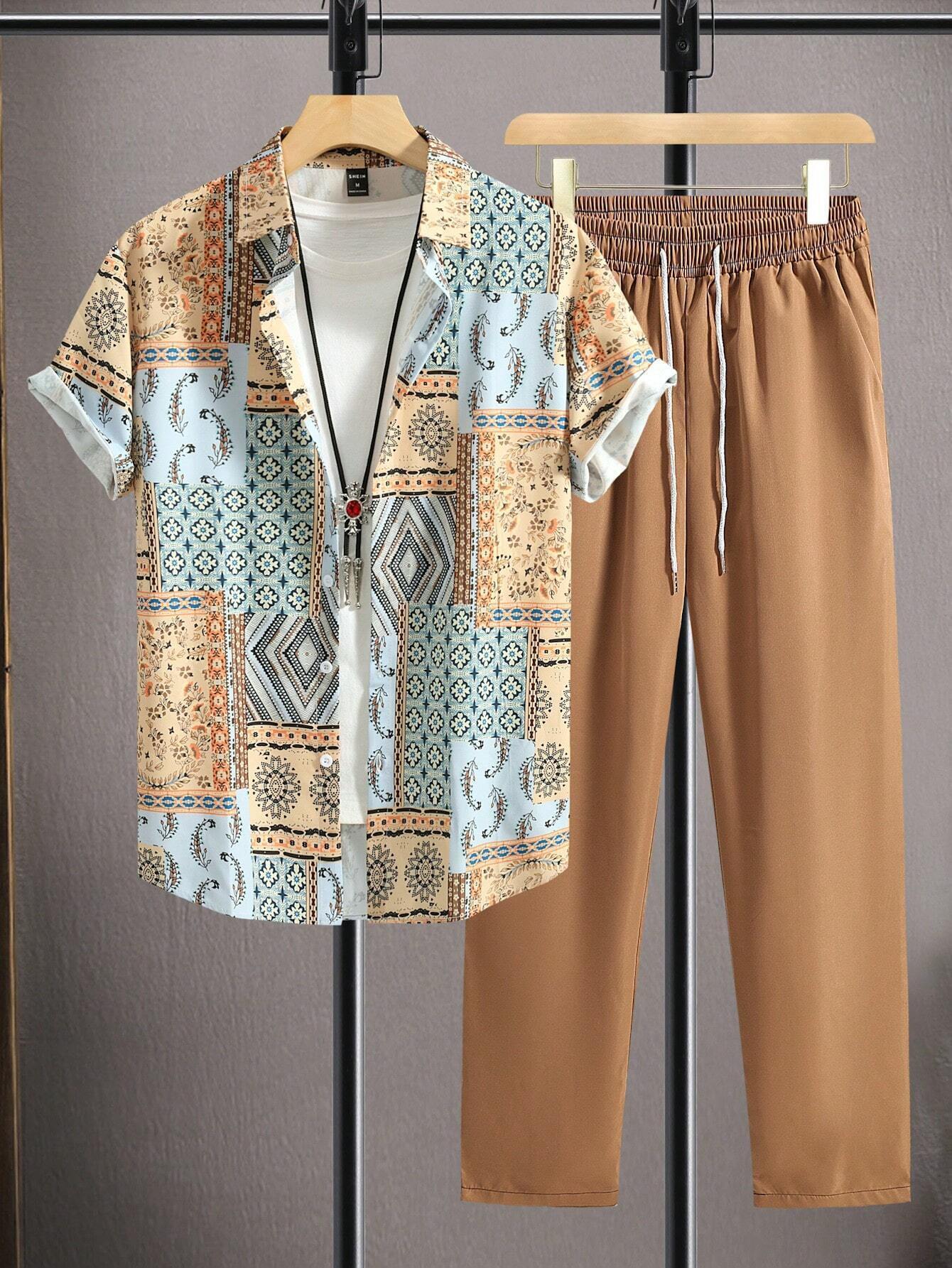 Casual Ethnic Style Short Sleeve Shirt Trousers Suit.