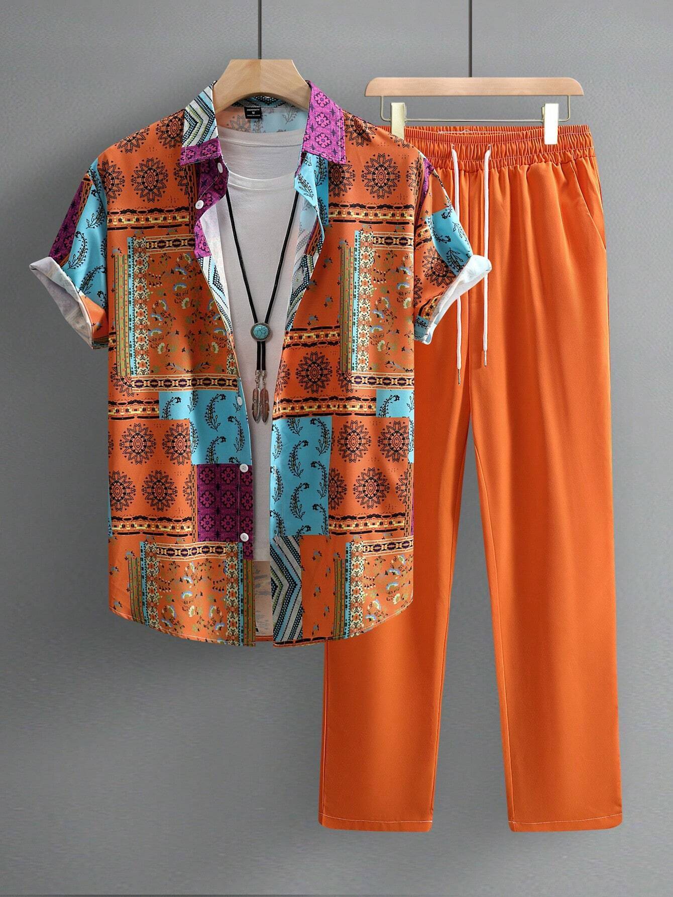 Casual Ethnic Style Short Sleeve Shirt Trousers Suit.