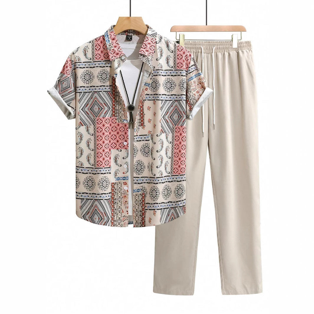 Casual Ethnic Style Short Sleeve Shirt Trousers Suit.