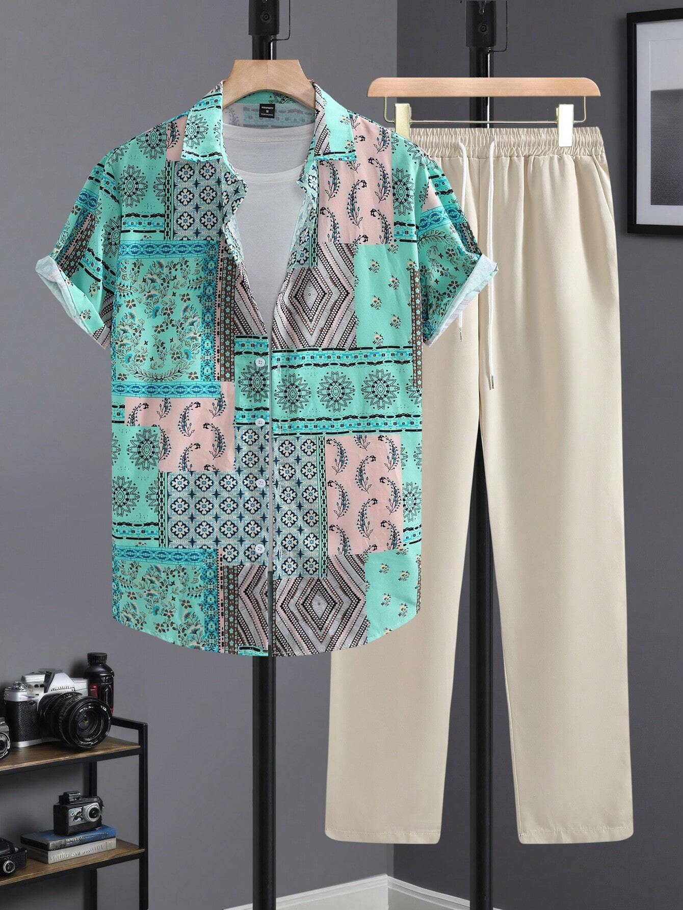 Casual Ethnic Style Short Sleeve Shirt Trousers Suit.