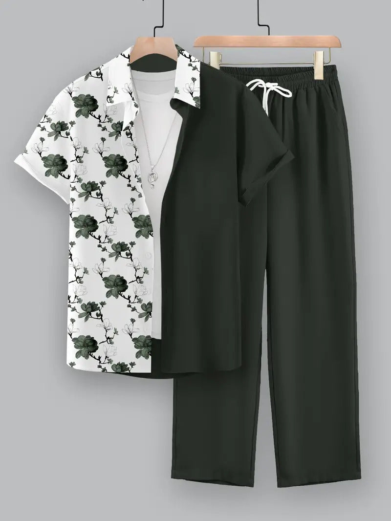 Color Gradient Plant Short Sleeve Shirt Trousers Suit.