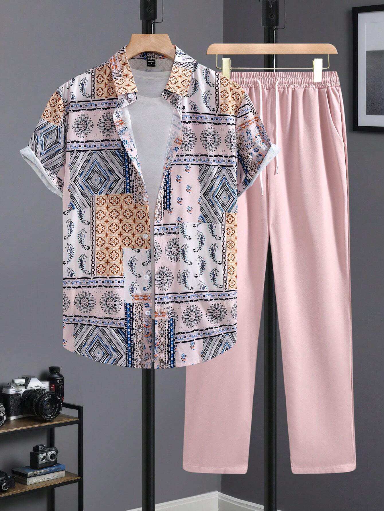 Casual Ethnic Style Short Sleeve Shirt Trousers Suit.