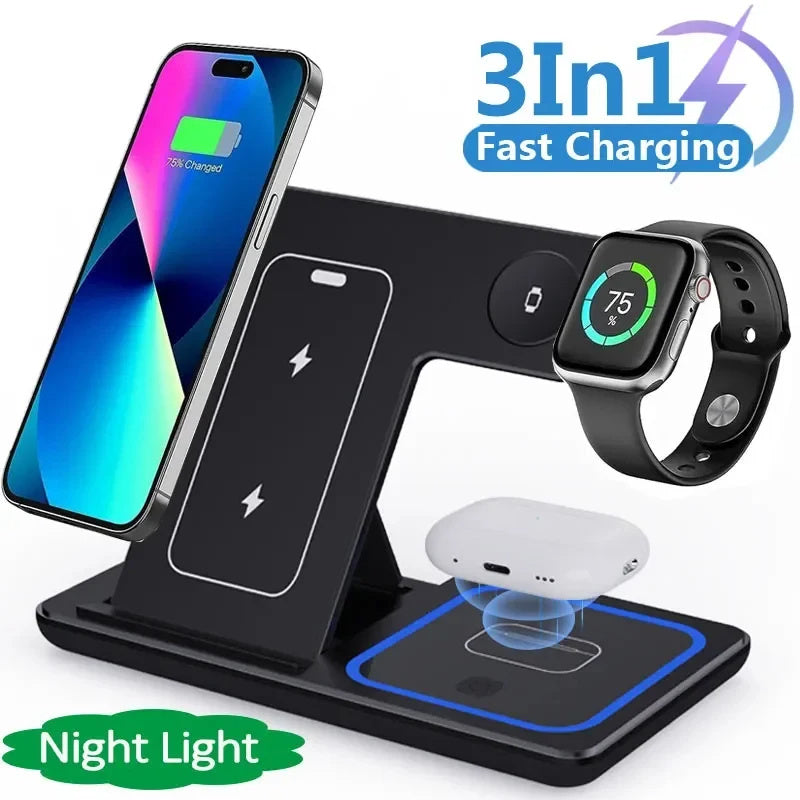 15W 3 In 1 LED Fast Wireless Charger Stand Foldable Charging Station For Smart Phone 15 14 13 12 11 IWatch 9 8 7 6 5 Airpods Pro.