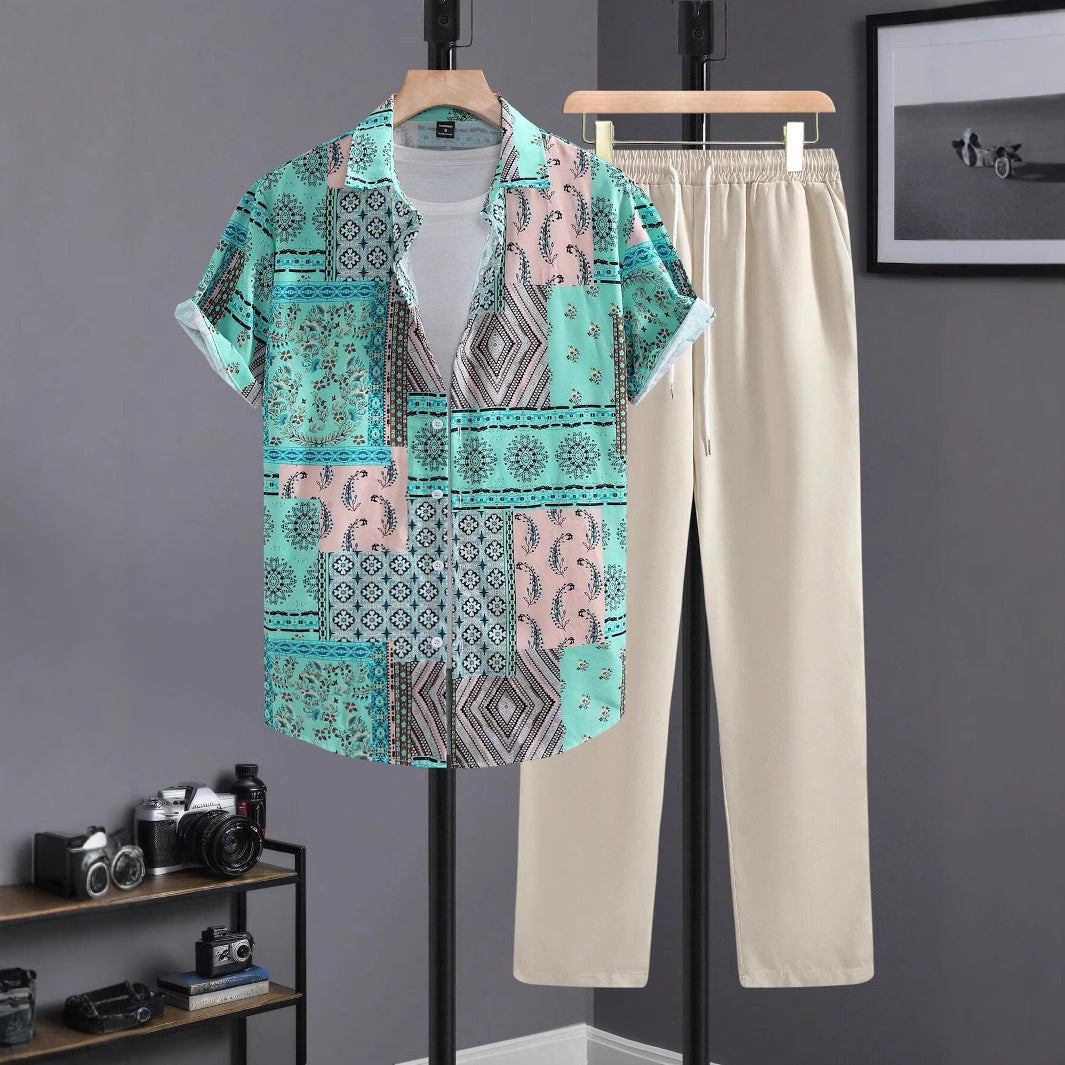 Casual Ethnic Style Short Sleeve Shirt Trousers Suit.