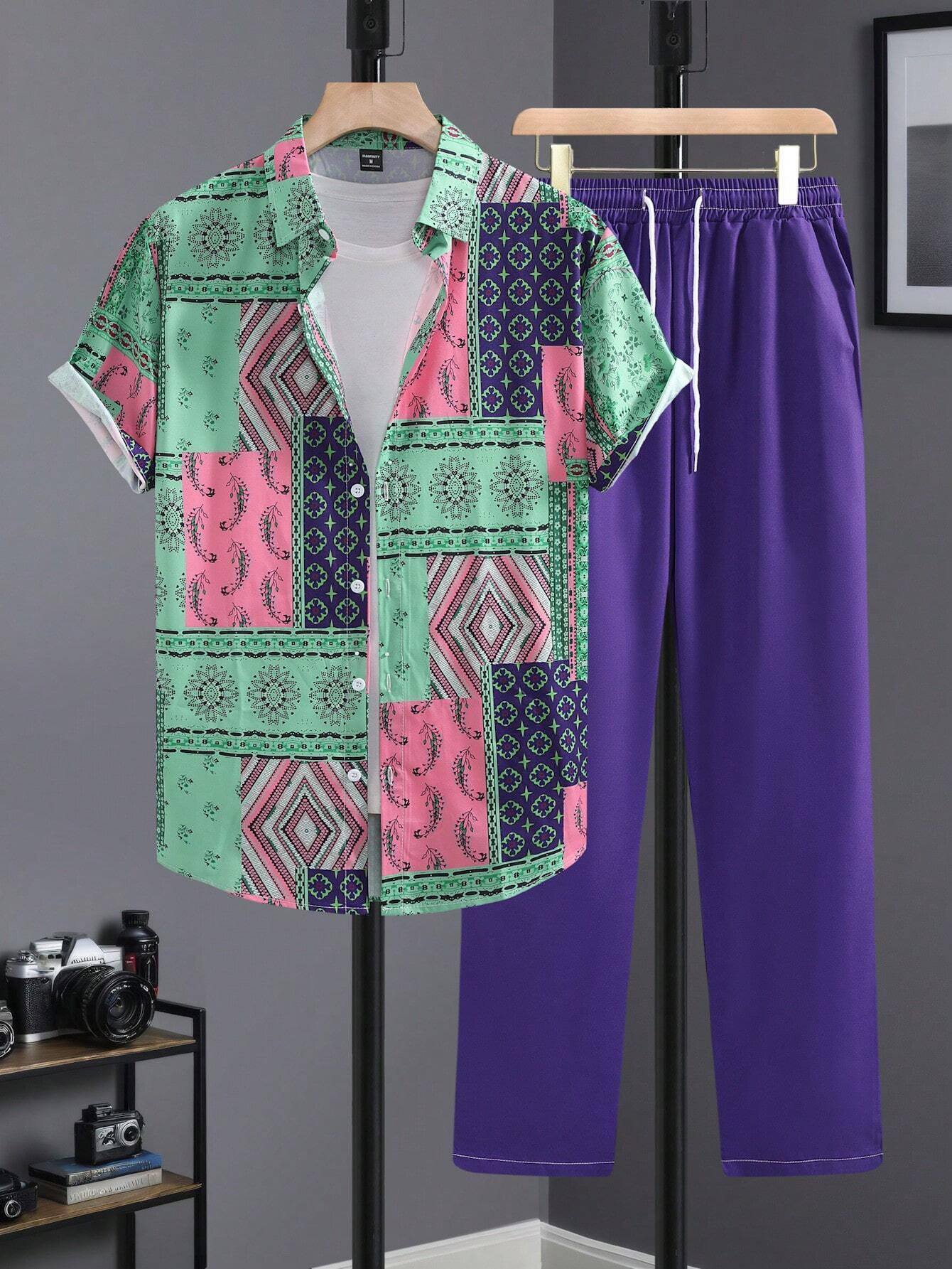 Casual Ethnic Style Short Sleeve Shirt Trousers Suit.