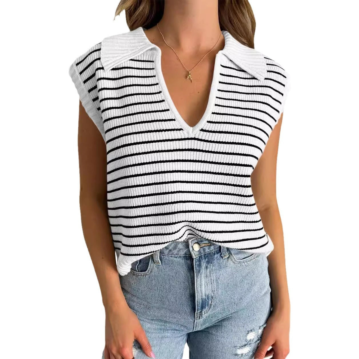 Spring And Summer New V-neck Basic Knitted Short Sleeve Casual All-matching Tops