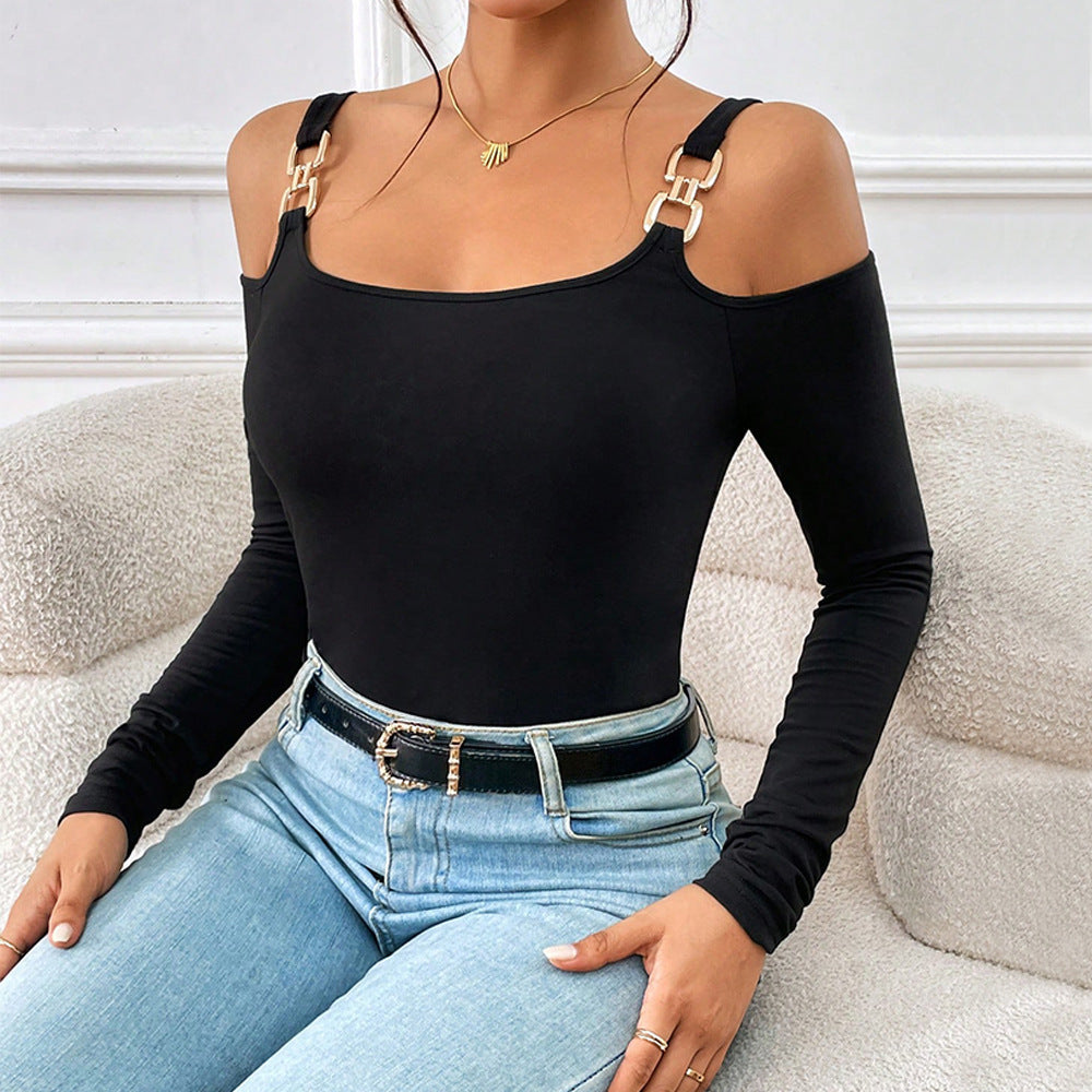 Women's Spring And Summer Fashion Simple Suspender Off-Shoulder Metal Hook Long-Sleeved Sexy Top