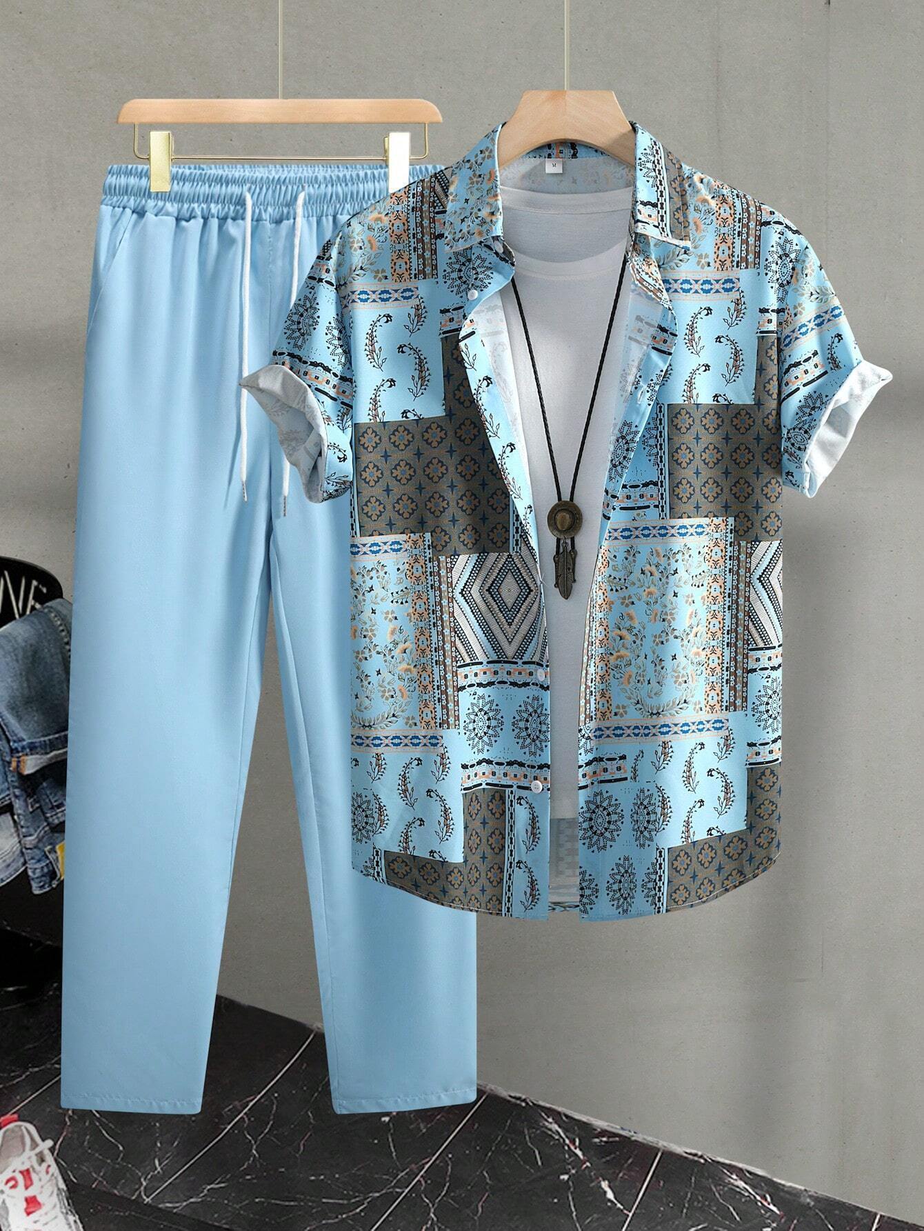 Casual Ethnic Style Short Sleeve Shirt Trousers Suit.