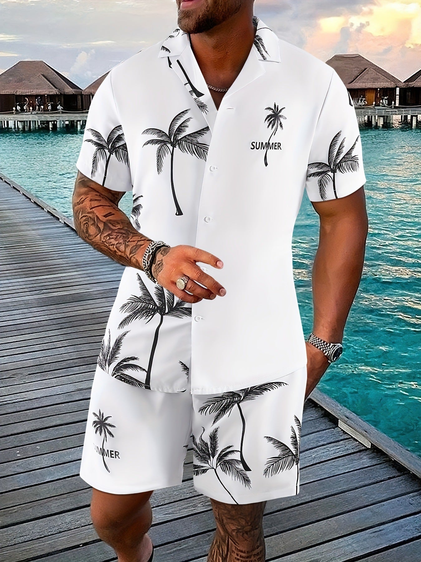 Coconut Tree 3d Printed Short Sleeve Shorts Suit.