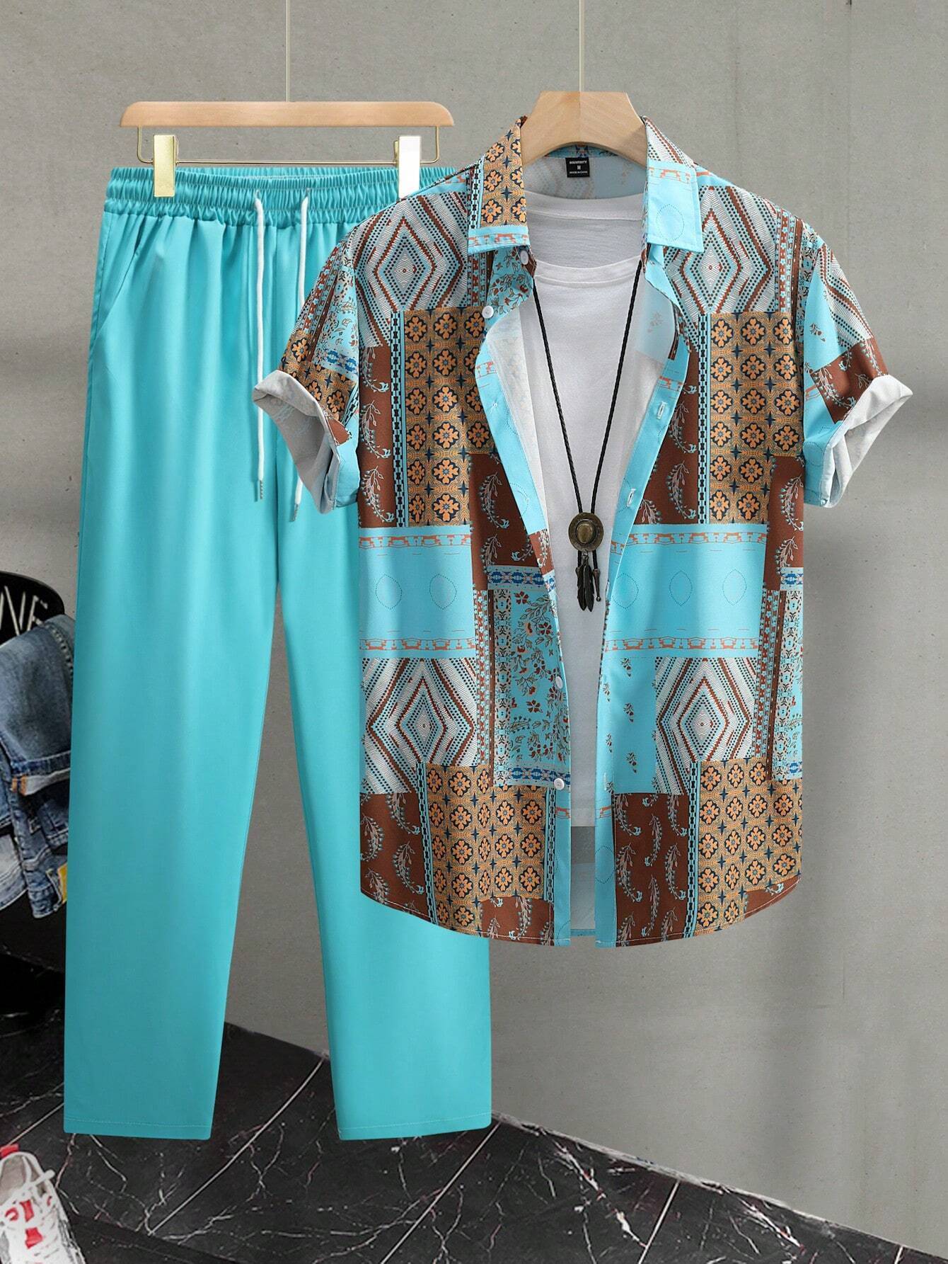 Casual Ethnic Style Short Sleeve Shirt Trousers Suit.